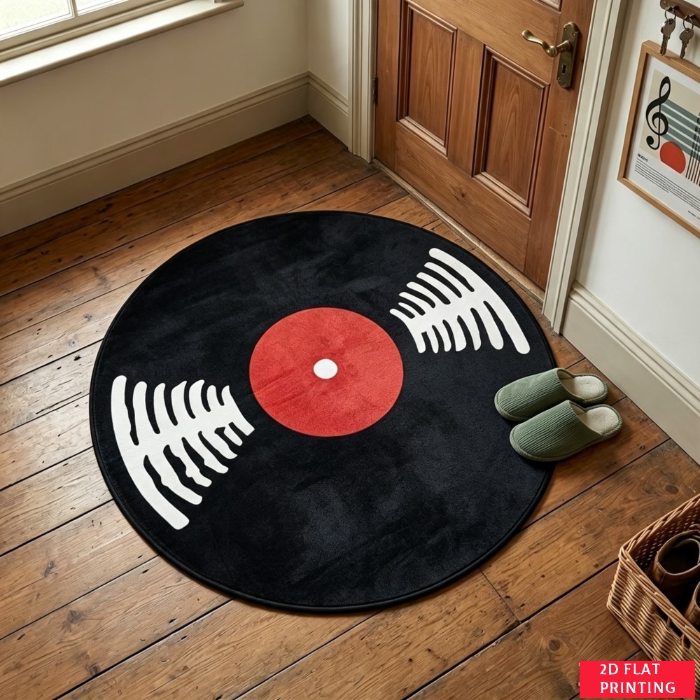 Audio Vibes Music - Retro Schwarzer Vinyl-Platten-Teppich mit Rotem Etikett